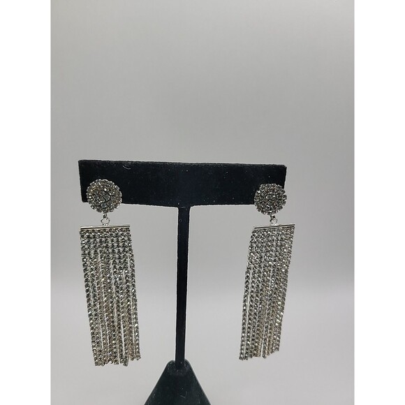 Vintage Silver Tone Rhinestone Tassel Fringe Dangle Earrings Glam Cocktail - Picture 3 of 12